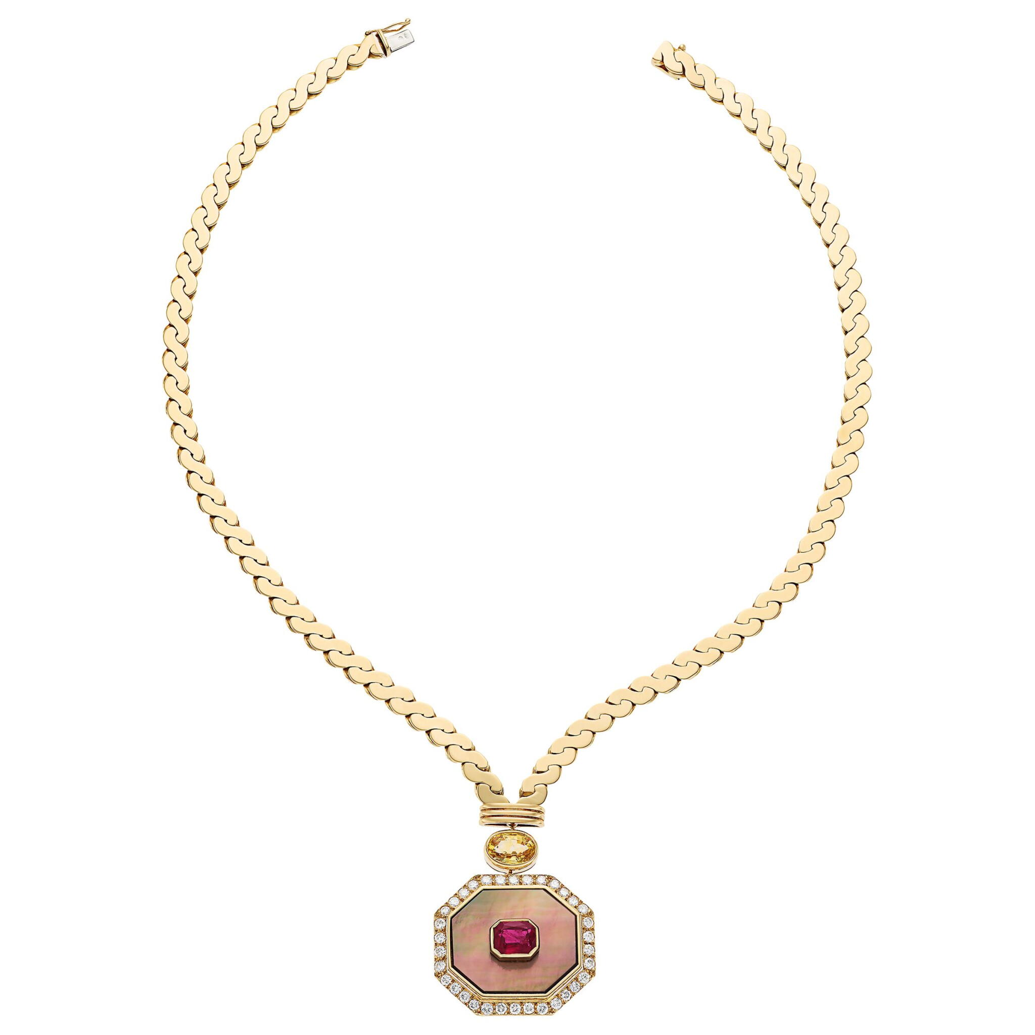 Vintage Gold, Ruby, Yellow Sapphire and Mother of Pearl Necklace — view 1