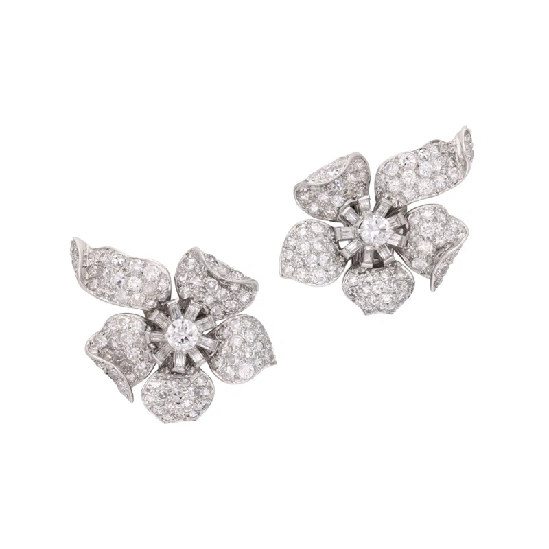 Vintage Platinum and Diamond Flower Earclips