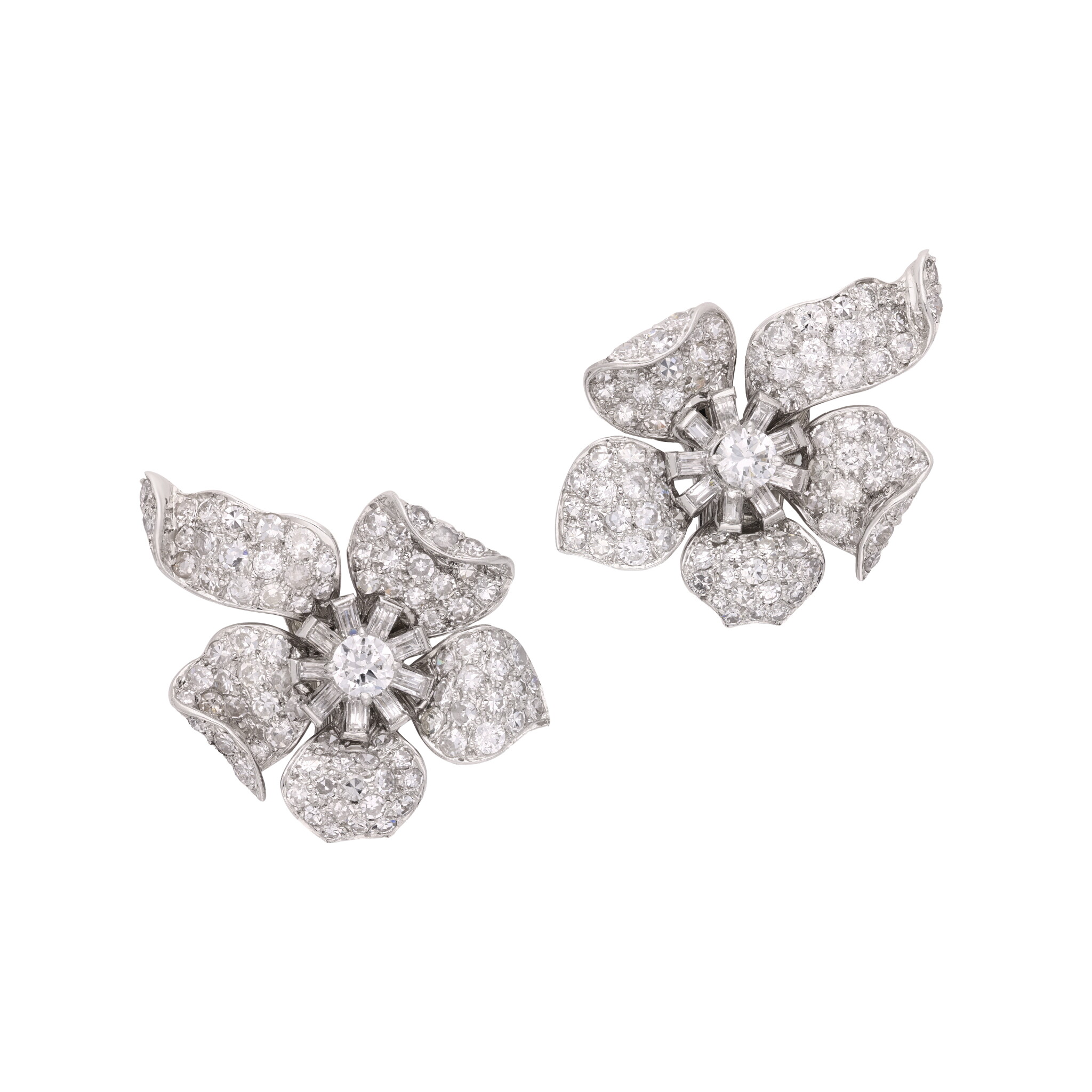 Vintage Platinum and Diamond Flower Earclips — view 1