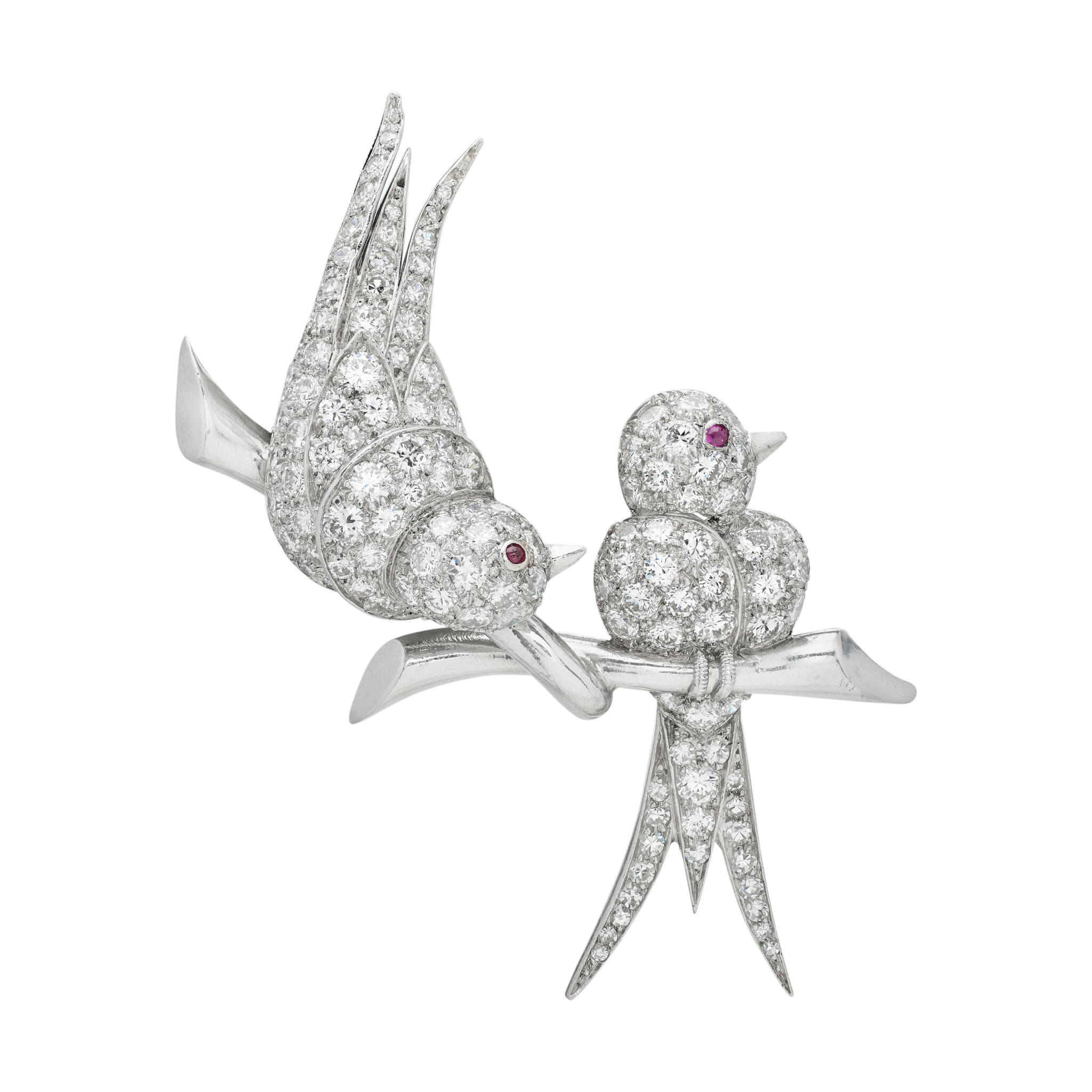 Vintage Platinum, Ruby and Diamond Love Bird Brooch — view 1