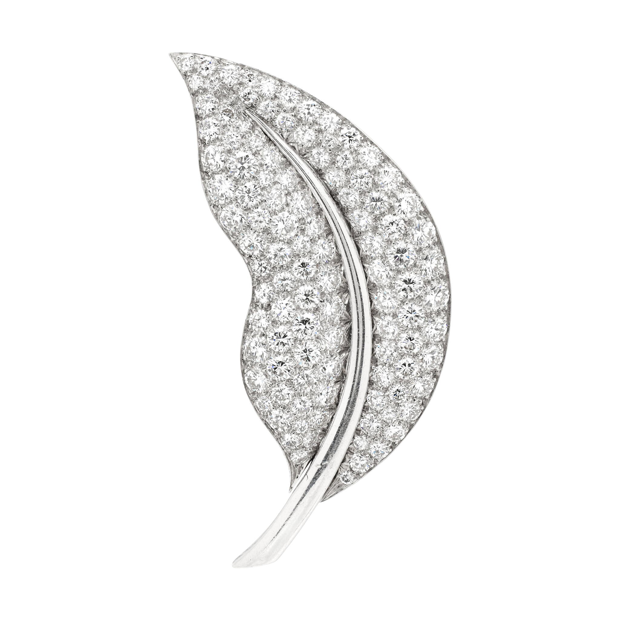 Vintage White Gold and Diamond Medium Leaf Brooch — view 1