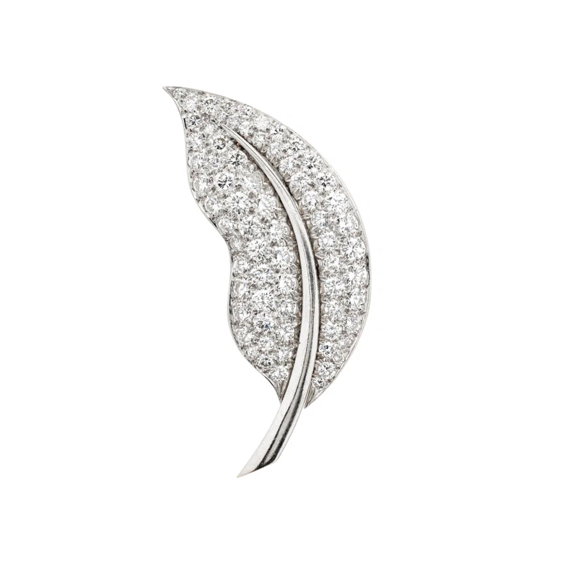 Vintage White Gold and Diamond Small Leaf Brooch