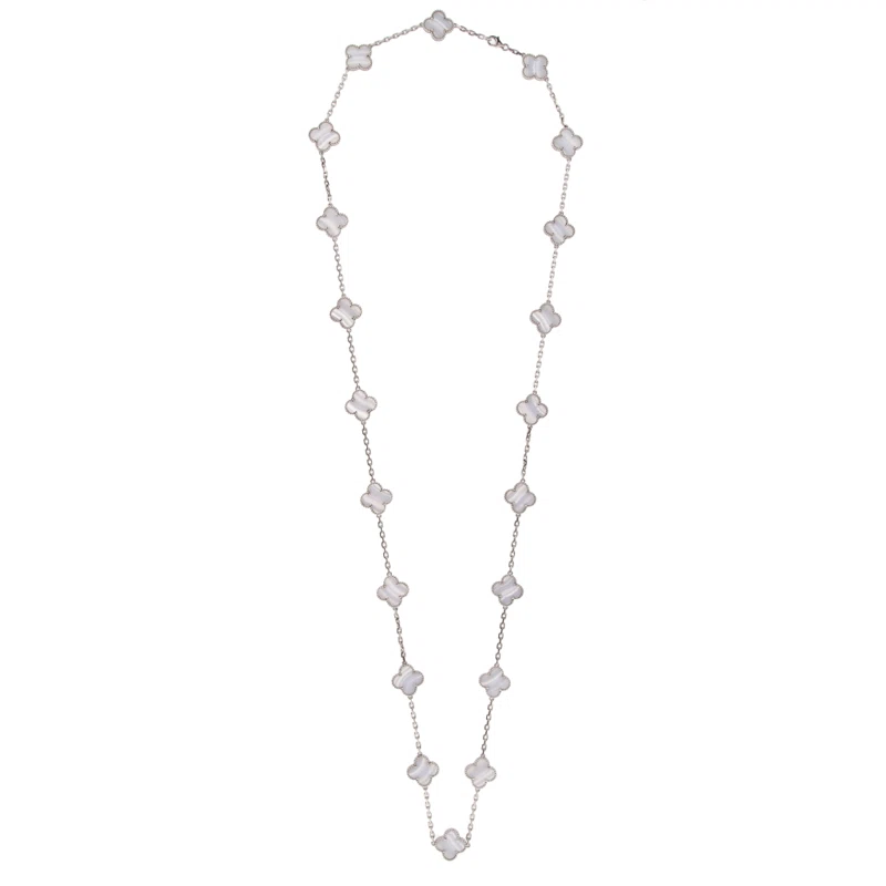 White Gold and Chalcedony Vintage Alhambra 20 Motifs Necklace
