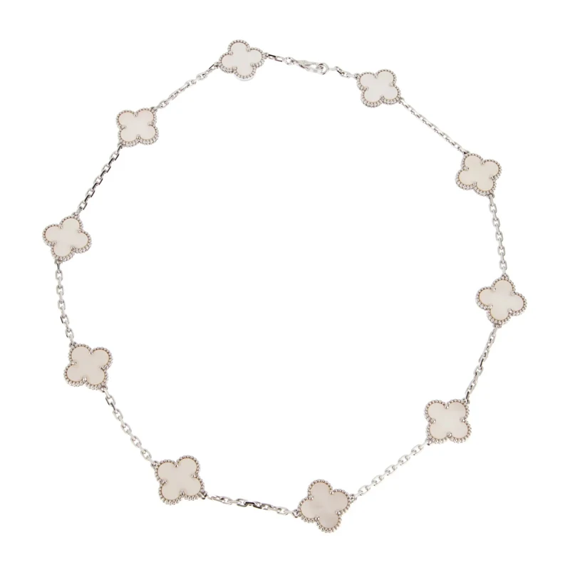 White Gold and Mother of Pearl Vintage Alhambra 10 Motifs Necklace 