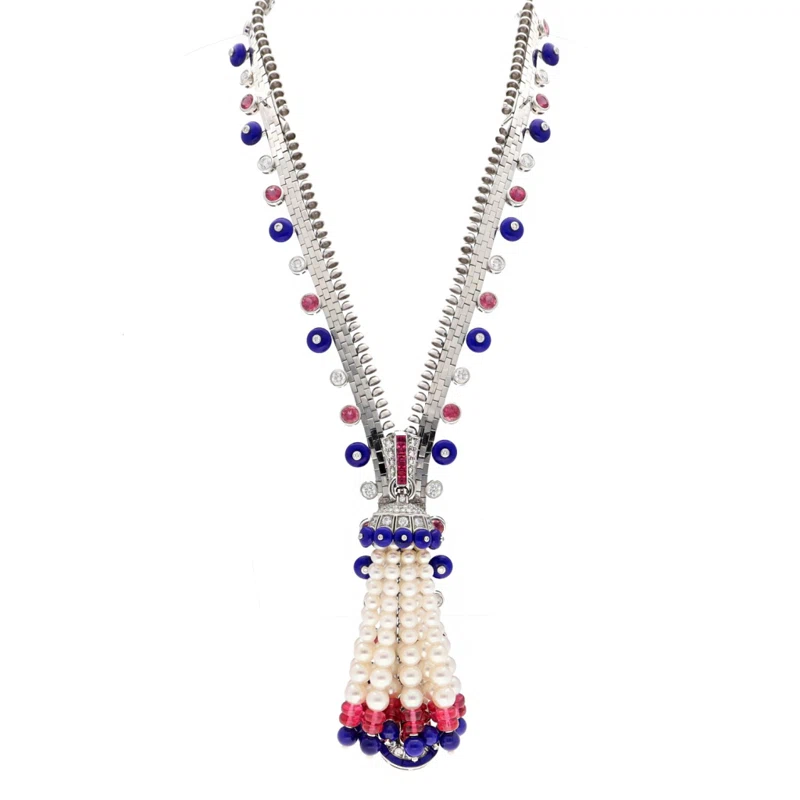 White Gold, Tourmaline, Lapis Lazuli, Cultured Pearls and Diamond Zip Couture Necklace