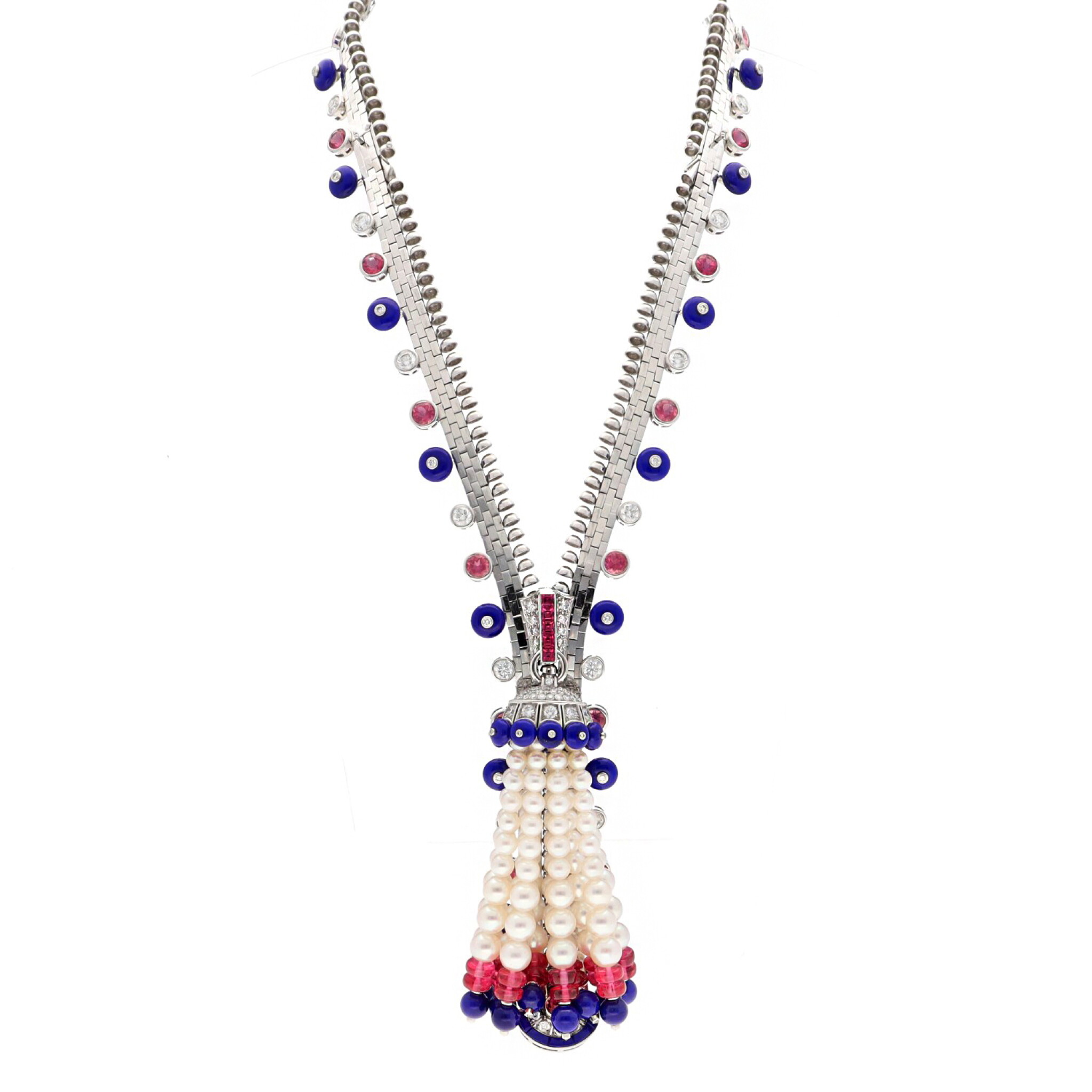 White Gold, Tourmaline, Lapis Lazuli, Cultured Pearls and Diamond Zip Couture Necklace — view 1