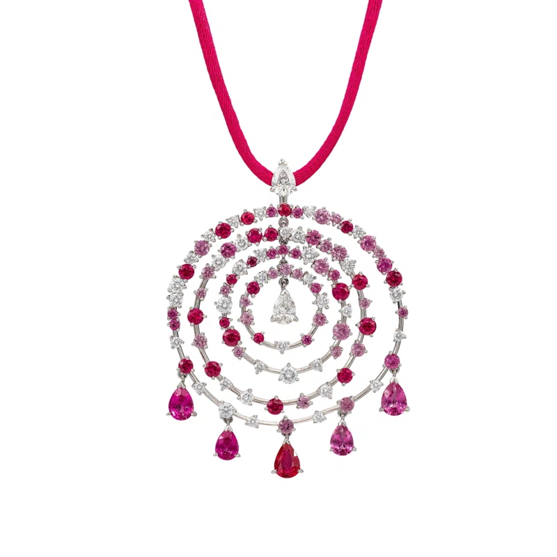 White Gold, Ruby, Pink Sapphire and Diamond 'Petillante' Pendant Necklace