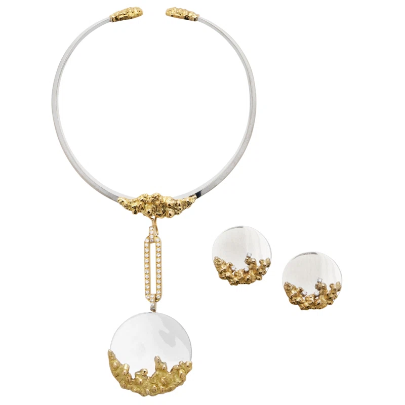 Vintage White Gold, Gold, and Diamond High Polish Convertible Necklace and Earclips Set