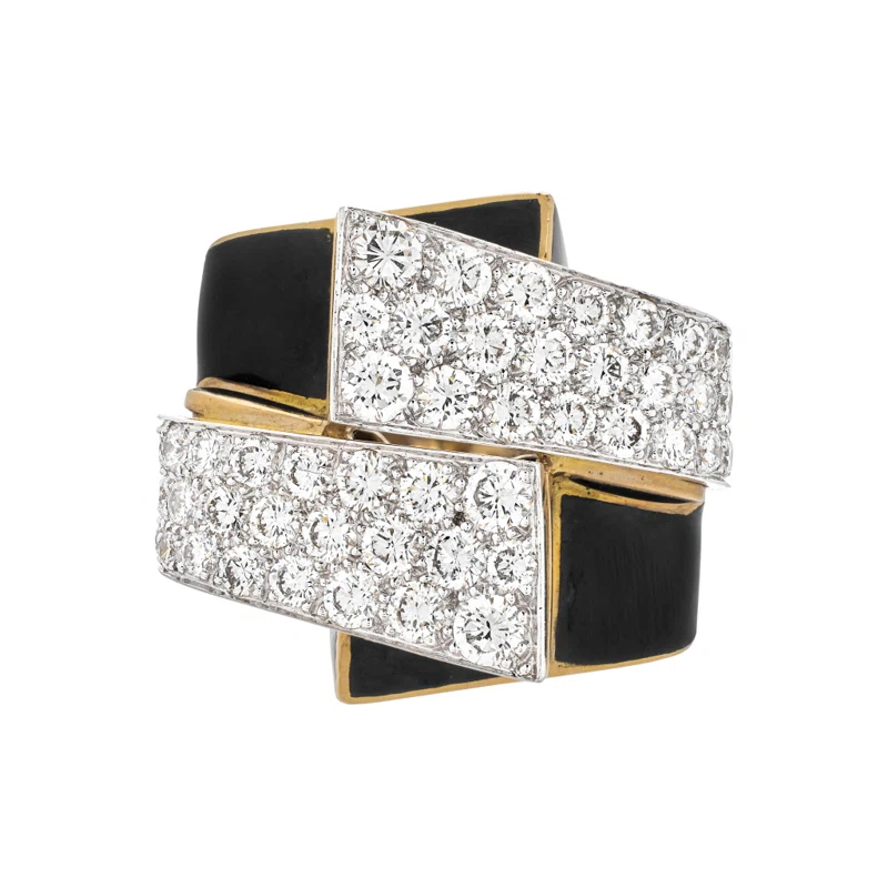Vintage Gold, Black Enamel and Diamond Ski Slope Ring