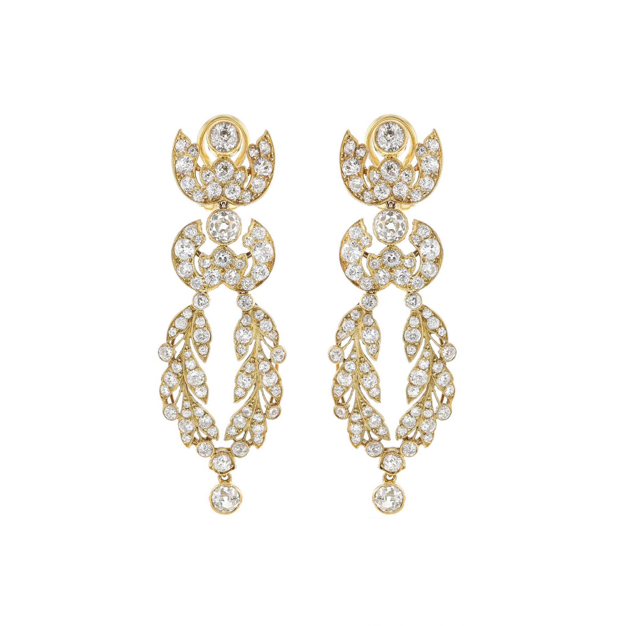 Vintage Platinum, Gold and Diamond Foliate Earclips — view 1