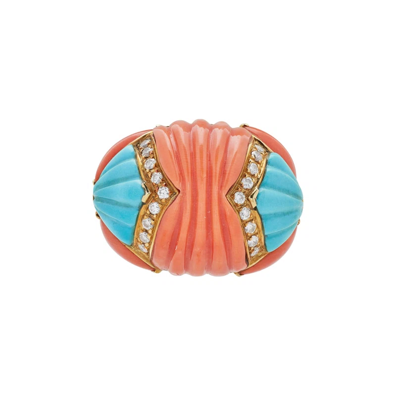 Vintage Gold, Coral, Turquoise and Diamond Ring