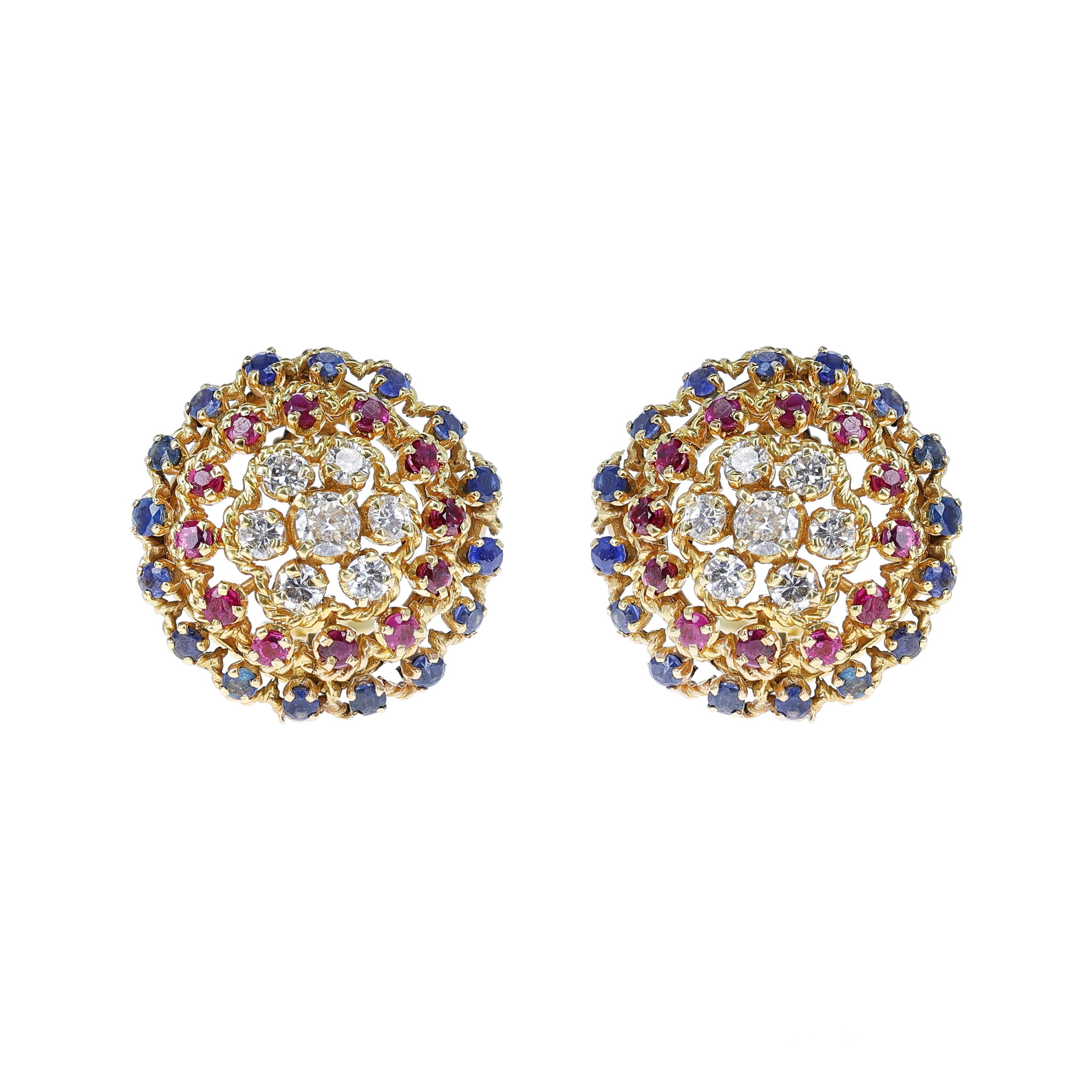 Vintage Gold, Ruby, Sapphire and Diamond Earclips — view 1
