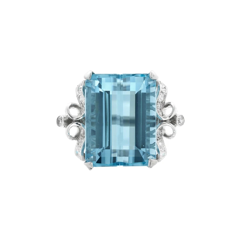 Vintage Palladium, 19.14ct Aquamarine and Diamond Ring