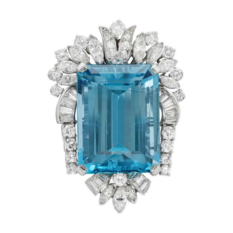 Vintage Platinum, 27.00ct Aquamarine and Diamond Brooch