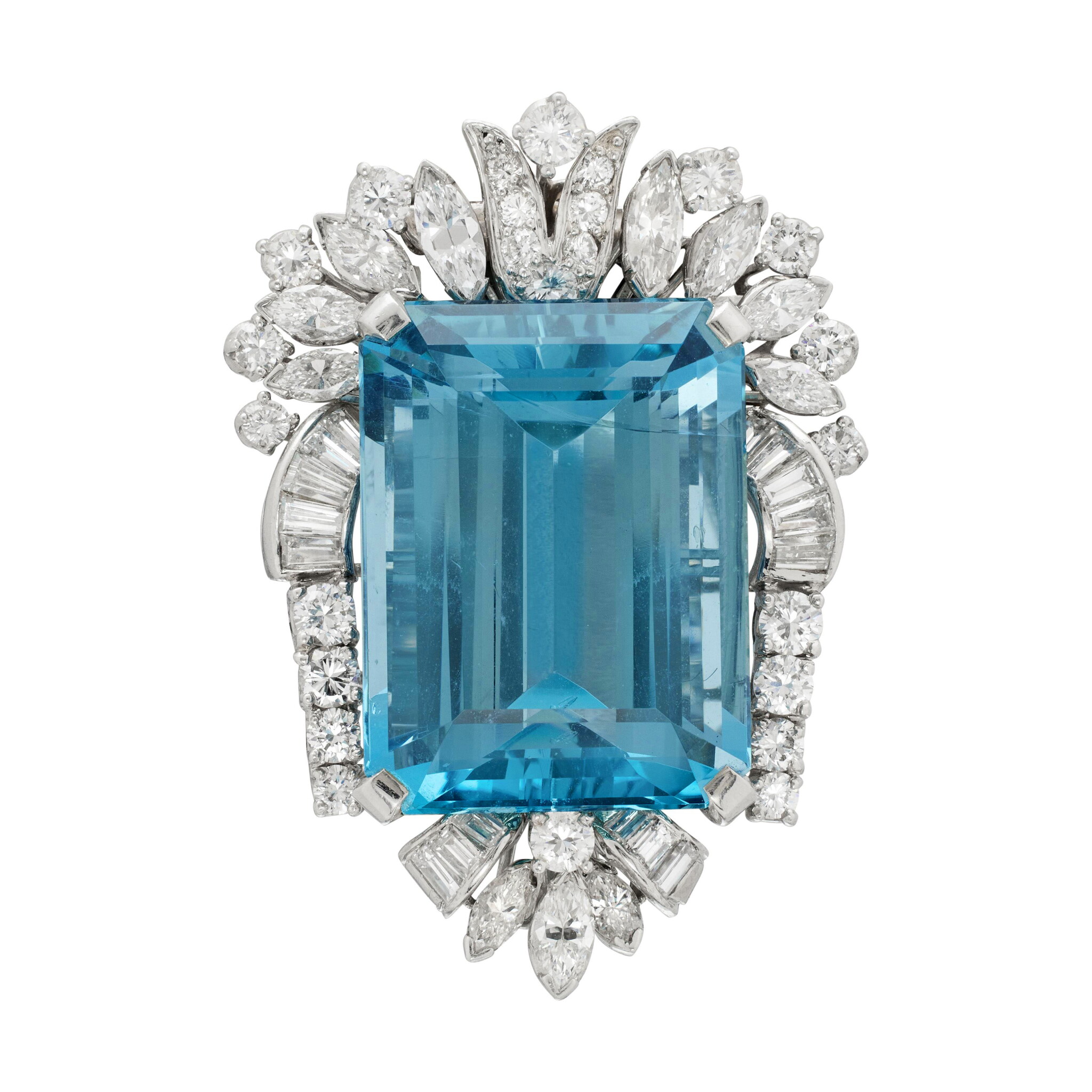 Vintage Platinum, 27.00ct Aquamarine and Diamond Brooch — view 1