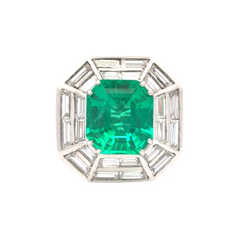 Vintage Platinum, 6.45ct Colombian Emerald and Diamond Ring