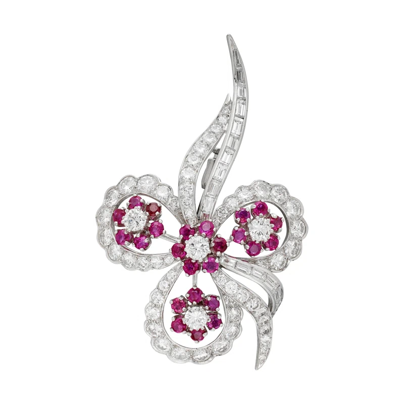 Vintage Platinum, Diamond and Ruby Floral Brooch