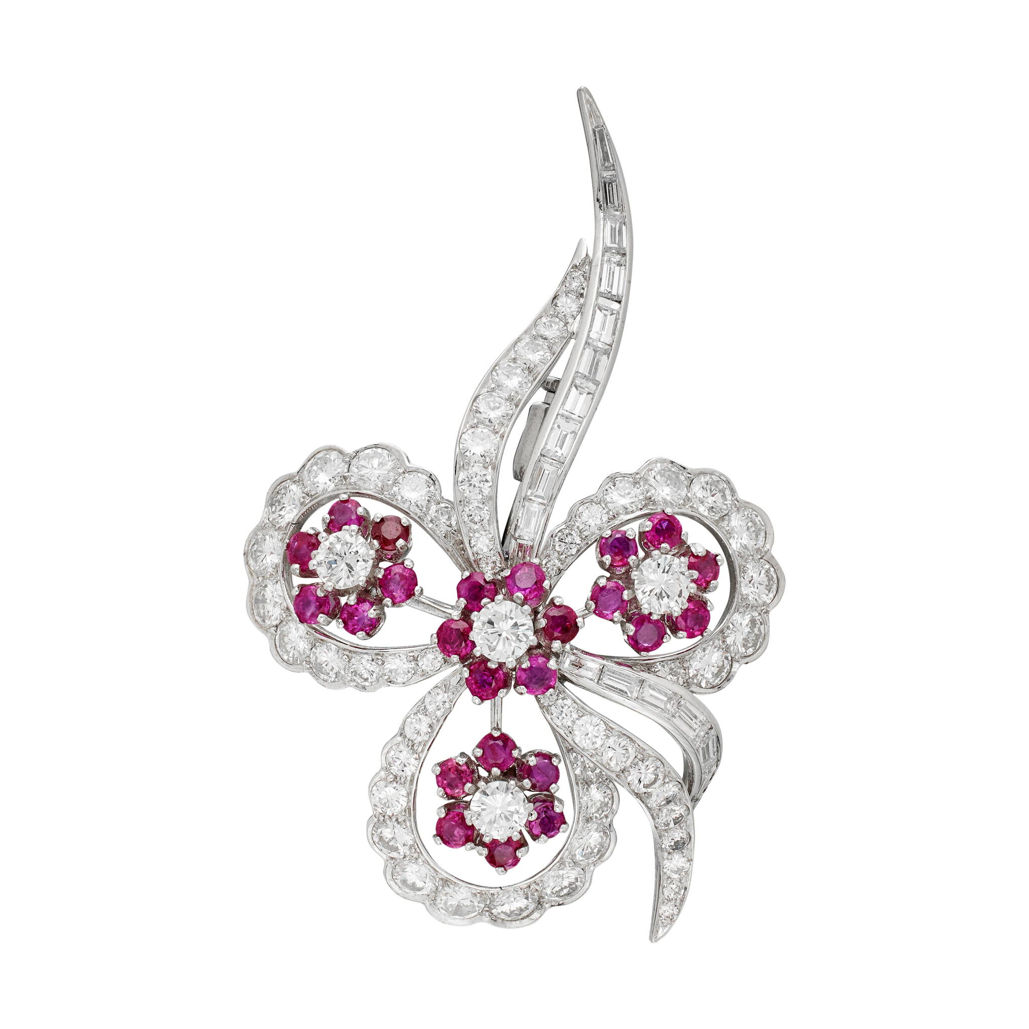 Vintage Platinum, Diamond and Ruby Floral Brooch — view 1