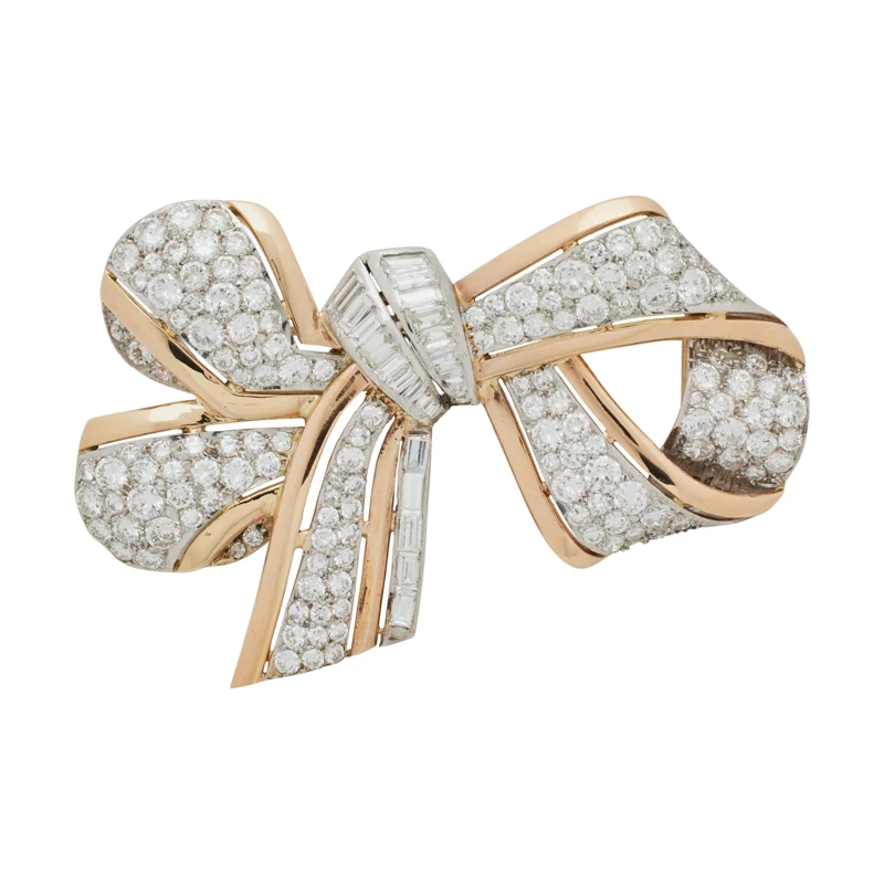 Vintage Platinum, Rose Gold and Diamond Bow Brooch