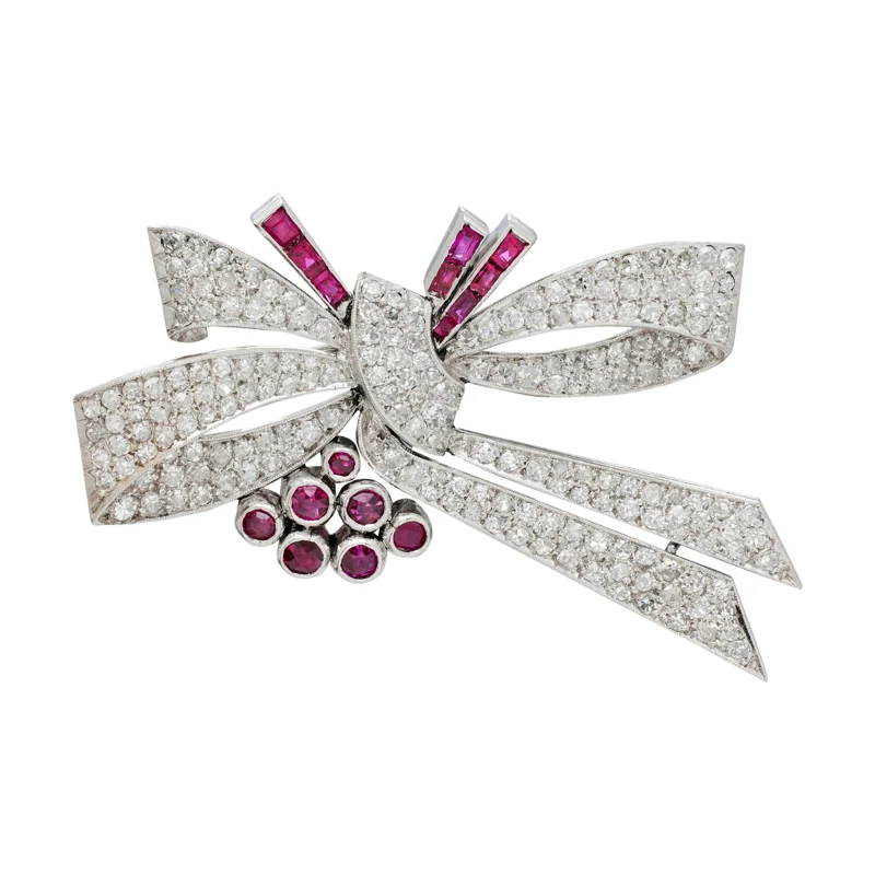 Vintage Platinum, Ruby and Diamond Bow Brooch