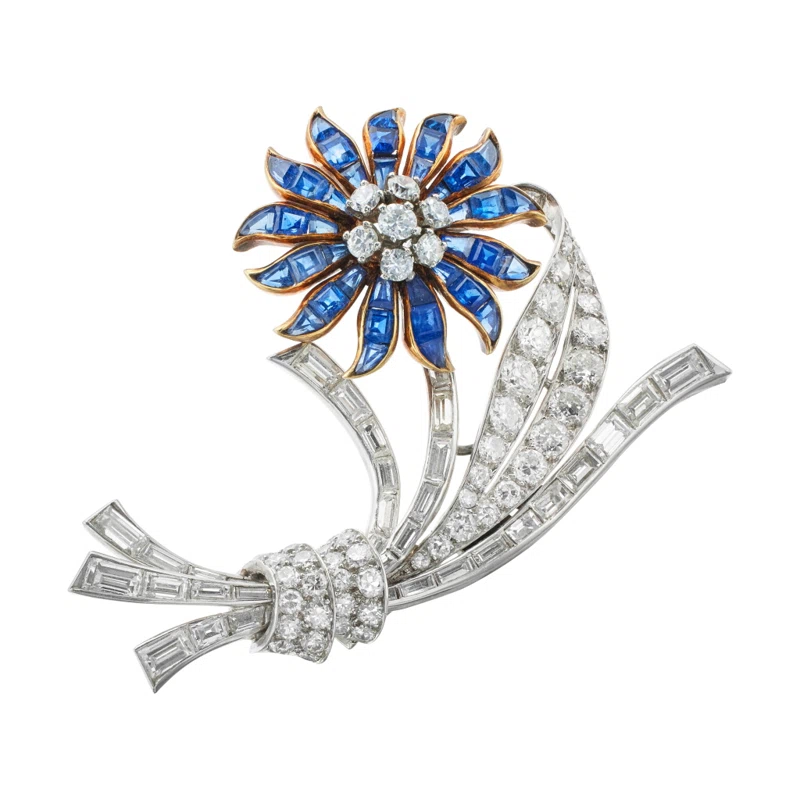 Vintage Platinum, Gold, Sapphire and Diamond Flower Brooch