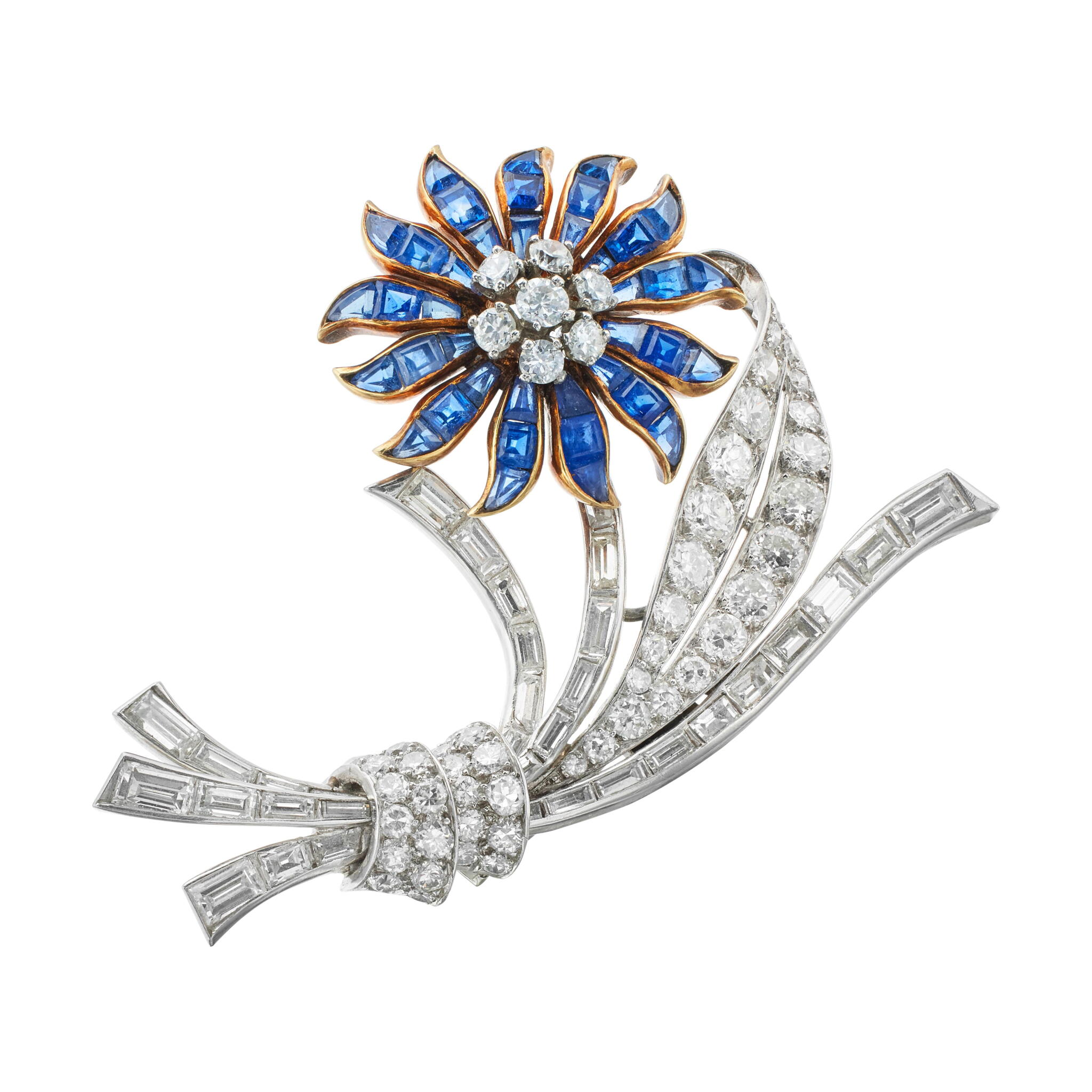 Vintage Platinum, Gold, Sapphire and Diamond Flower Brooch — view 1