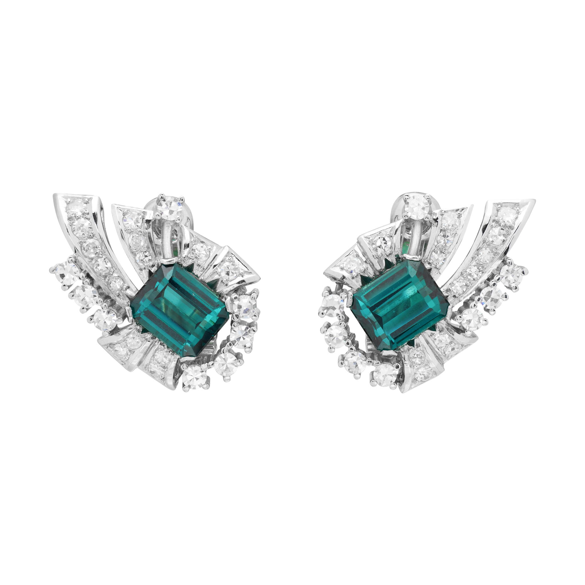 Vintage Platinum, Tourmaline and Diamond Earclips — view 1