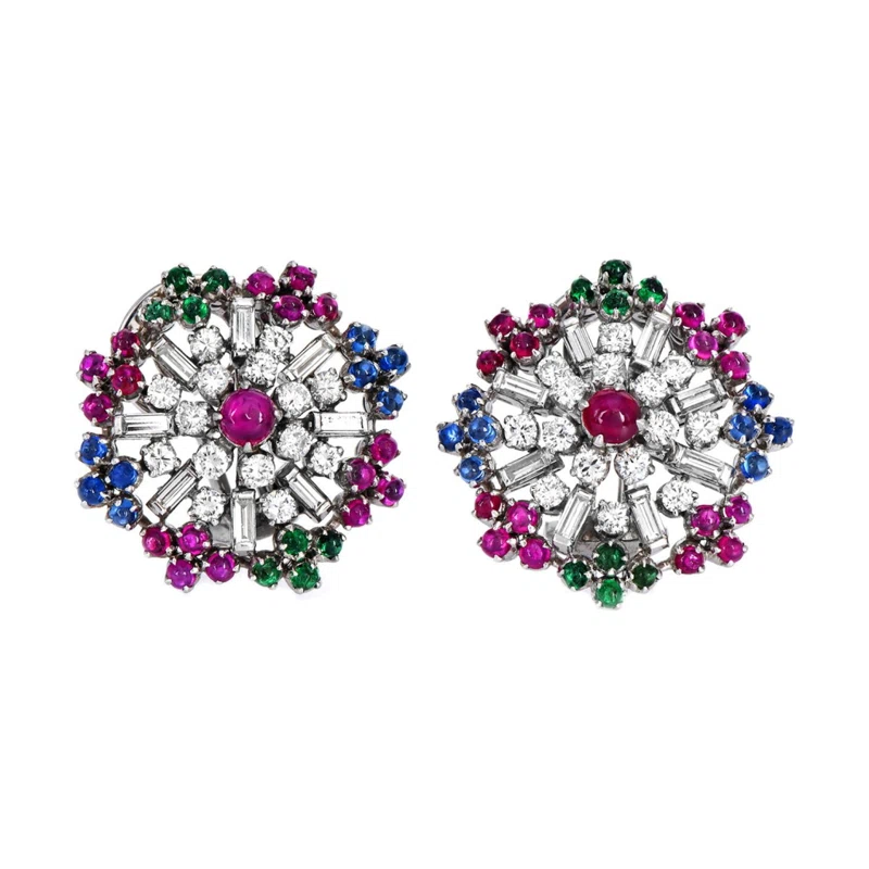 Vintage White Gold, Diamond and Multigem Earclips