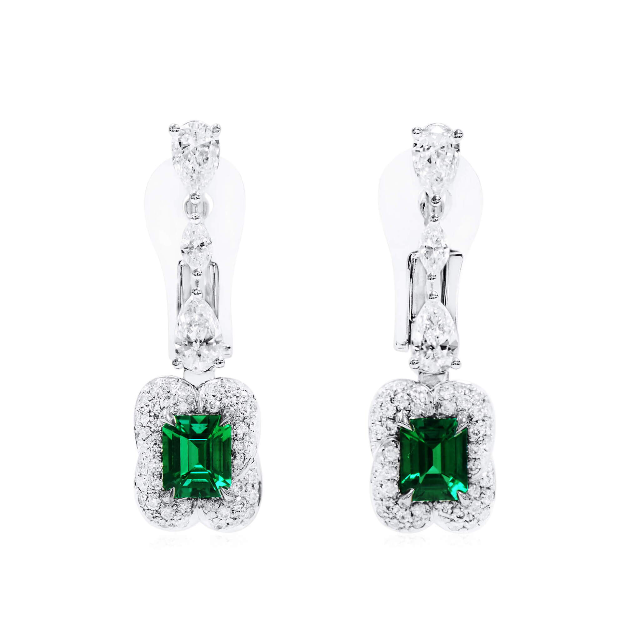 White Gold, Emerald and Diamond Drop Earrings — view 1
