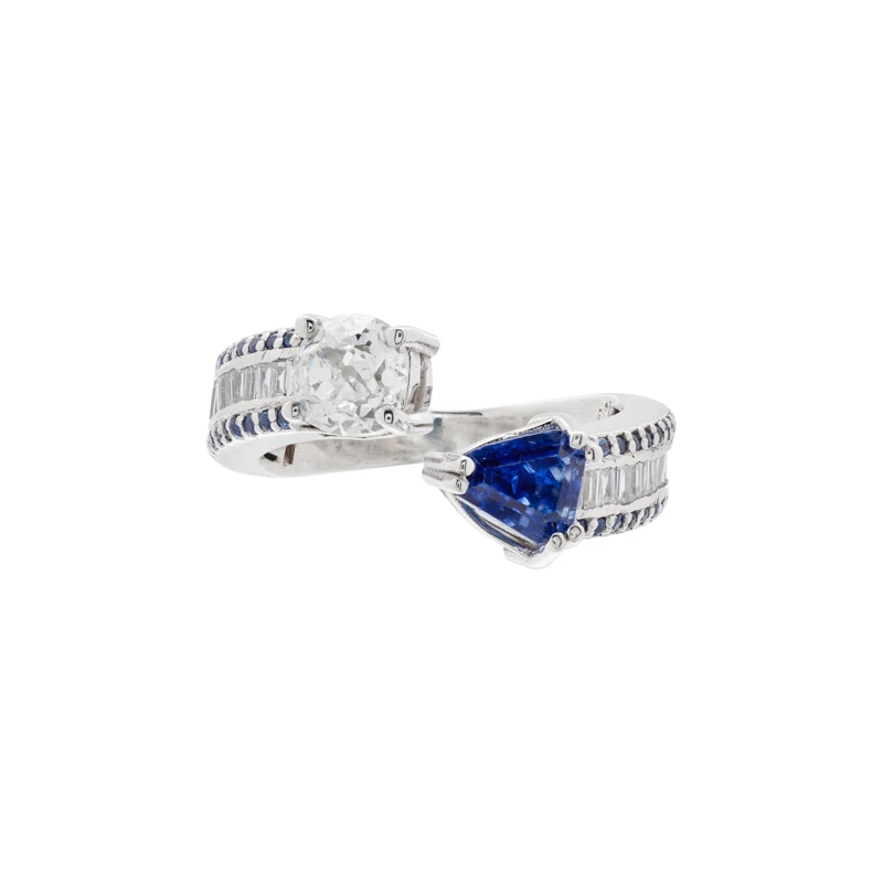 White Gold, 1.28ct Kashmir Sapphire, Diamond and Sapphire Bypass Ring