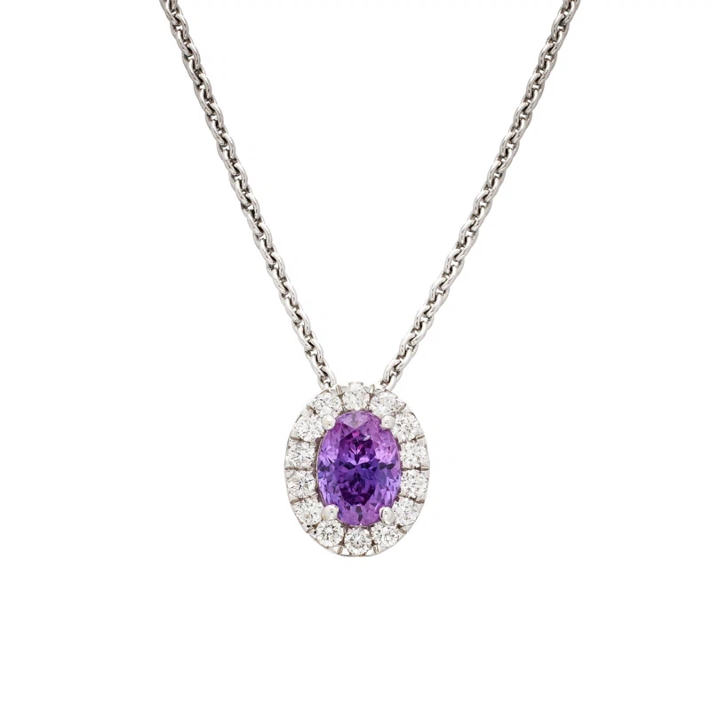White Gold, 1.45ct Madagascar Pink-Purple Sapphire and Diamond Pendant Necklace