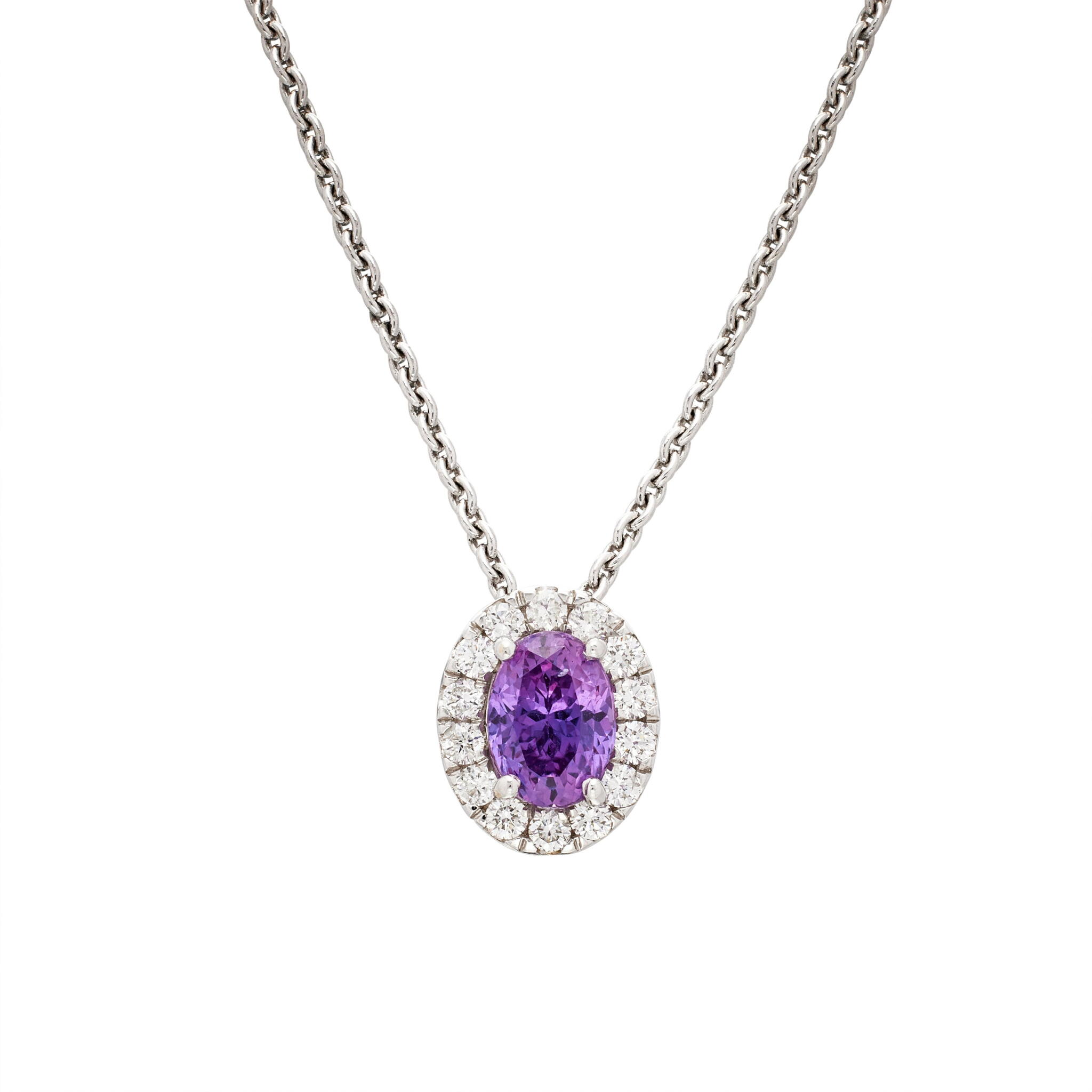 White Gold, 1.45ct Madagascar Pink-Purple Sapphire and Diamond Pendant Necklace — view 1