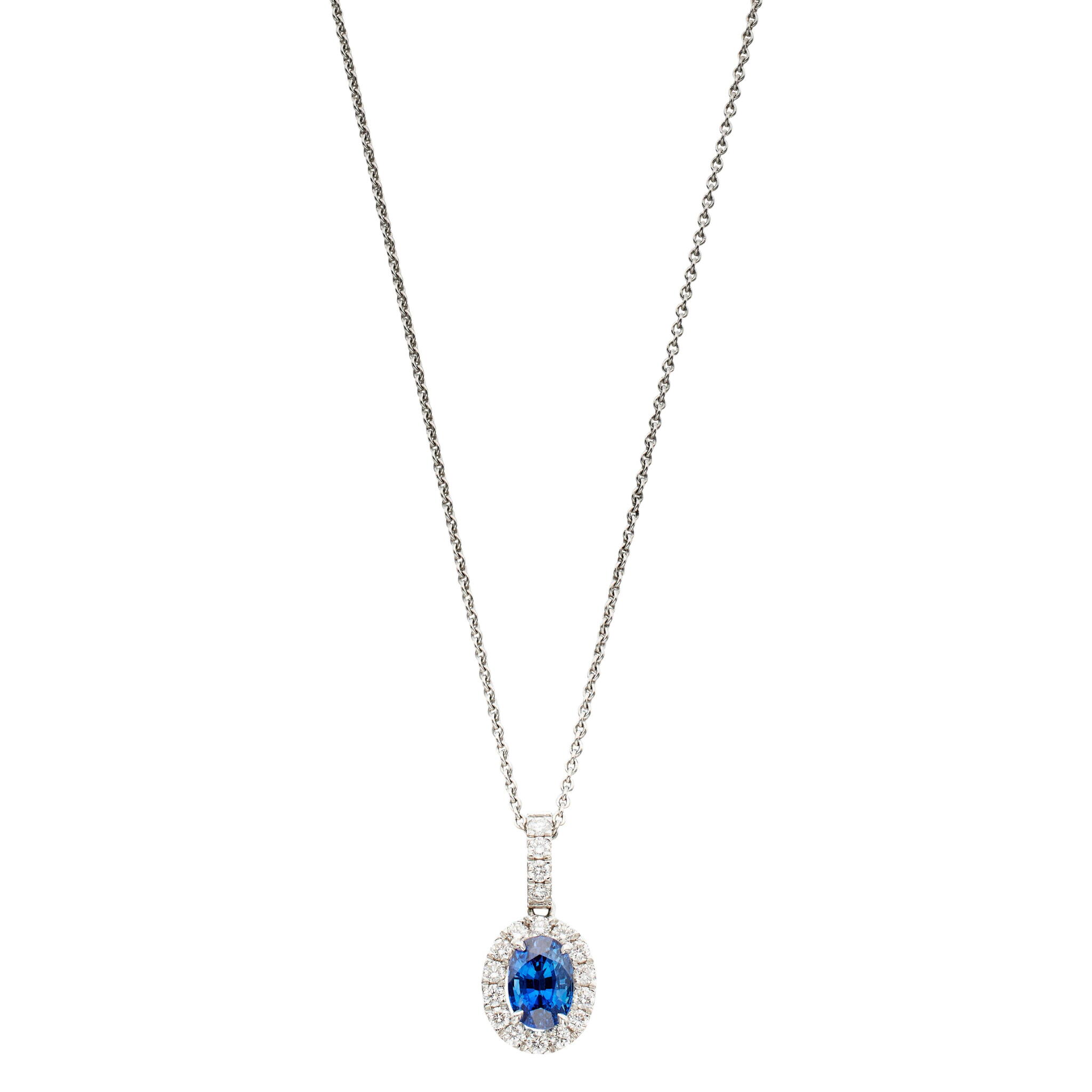 White Gold, 1.52ct Madagascar Sapphire and Diamond Pendant Necklace — view 1