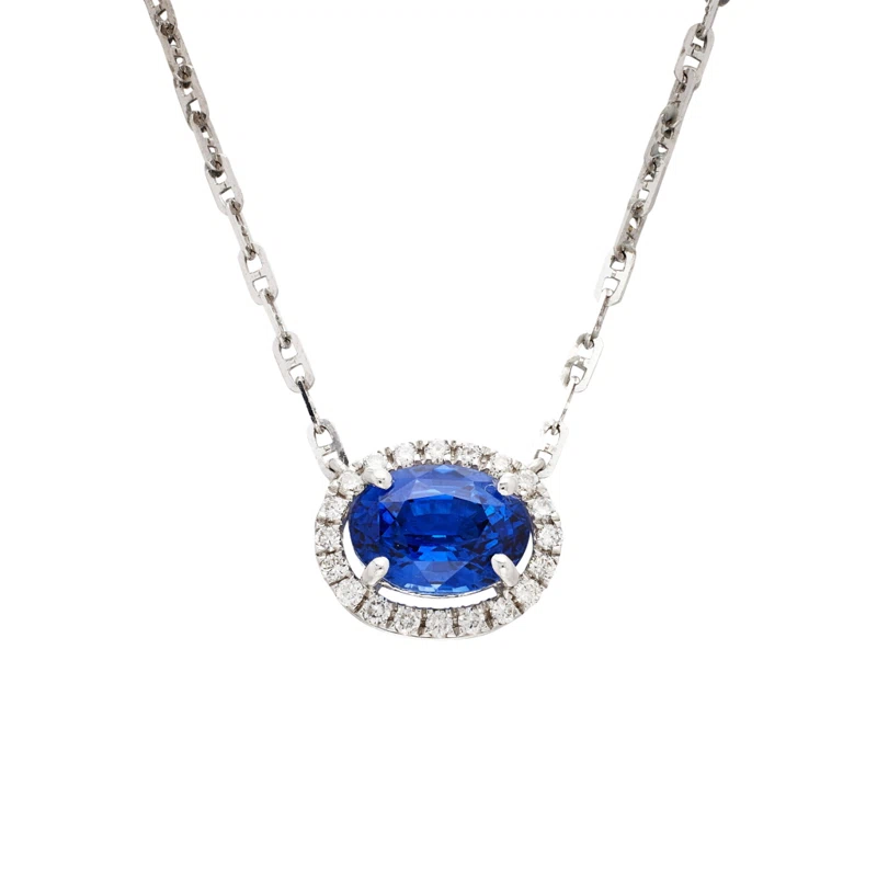 White Gold, 1.55ct Ceylon Royal Blue Sapphire and Diamond Pendant Necklace