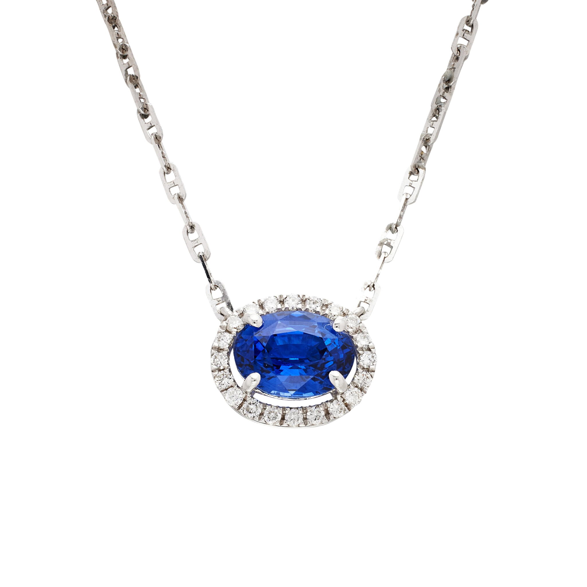 White Gold, 1.55ct Ceylon Royal Blue Sapphire and Diamond Pendant Necklace — view 1