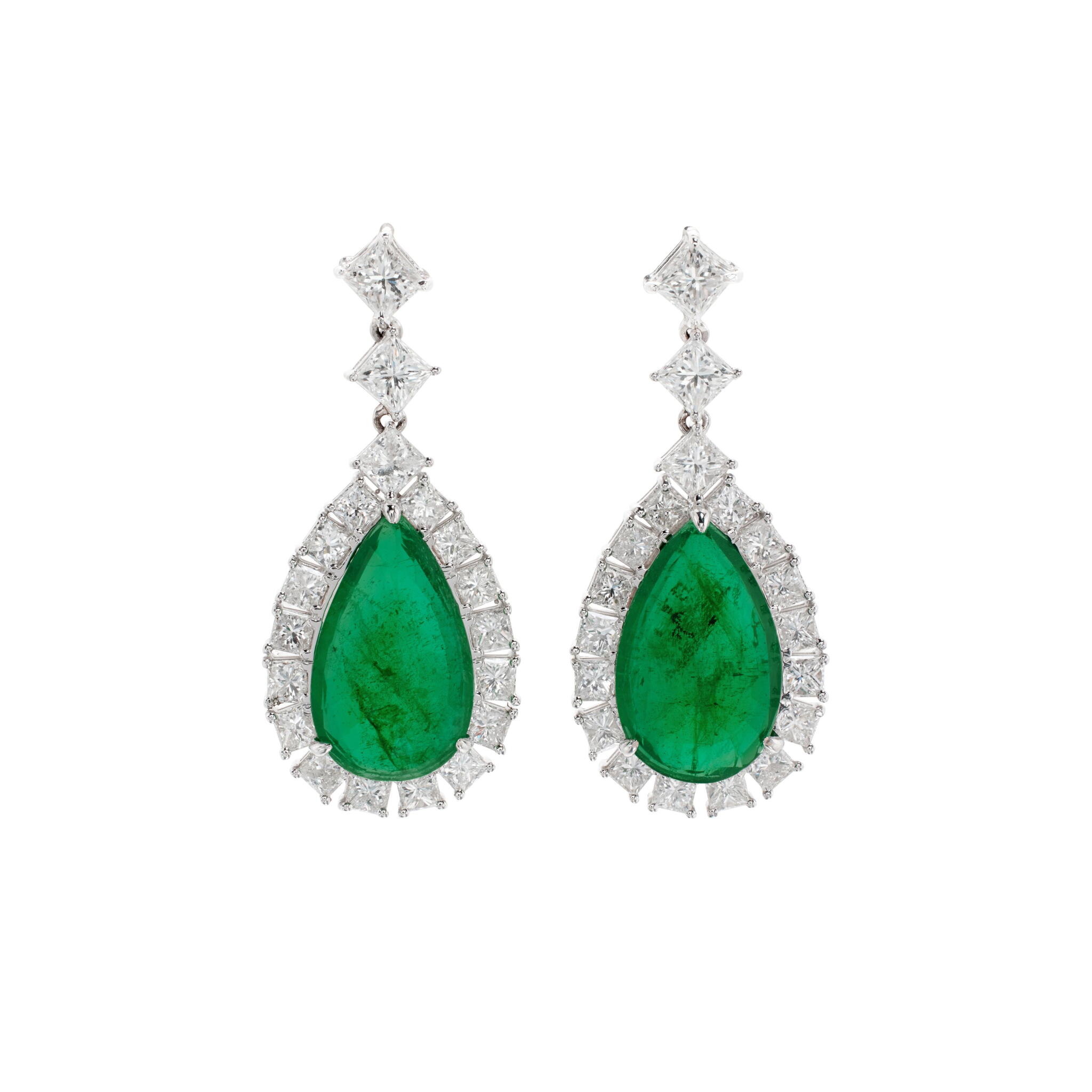 White Gold, 10.85ctw Zambian Emerald and Diamond Drop Earrings — view 1