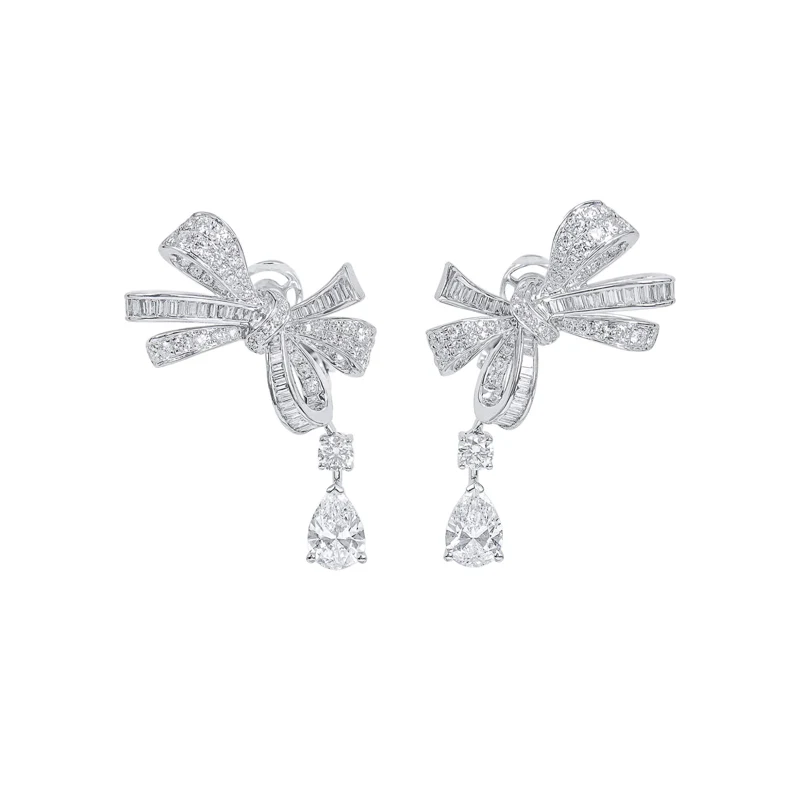 White Gold, 1.00ct Pear Shape Diamond and Diamond Bow Earclips