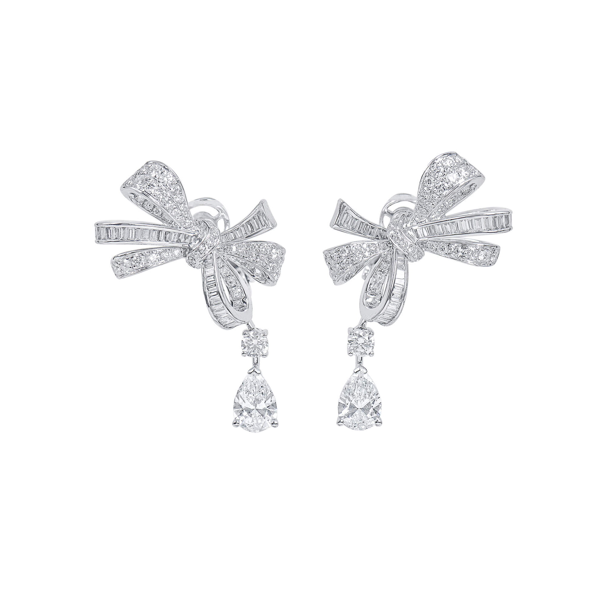 White Gold, 1.00ct Pear Shape Diamond and Diamond Bow Earclips — view 1