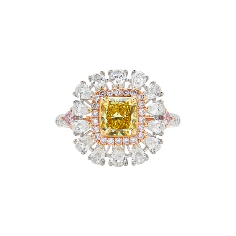 White Gold, 1.02ct Radiant Cut Fancy Vivid Yellow Diamond, Pink Diamond and Diamond Ring