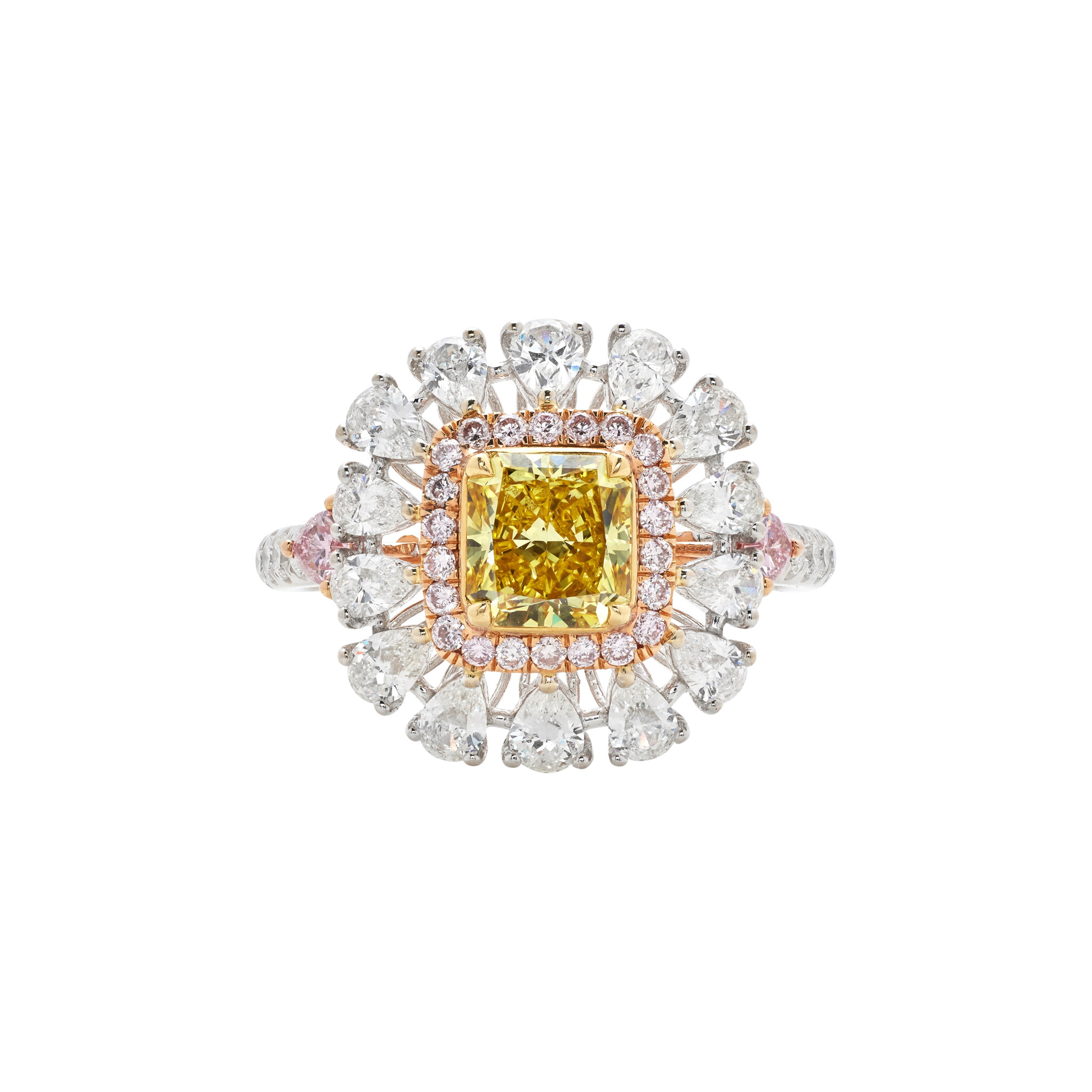 White Gold, 1.02ct Radiant Cut Fancy Vivid Yellow Diamond, Pink Diamond and Diamond Ring  — view 1