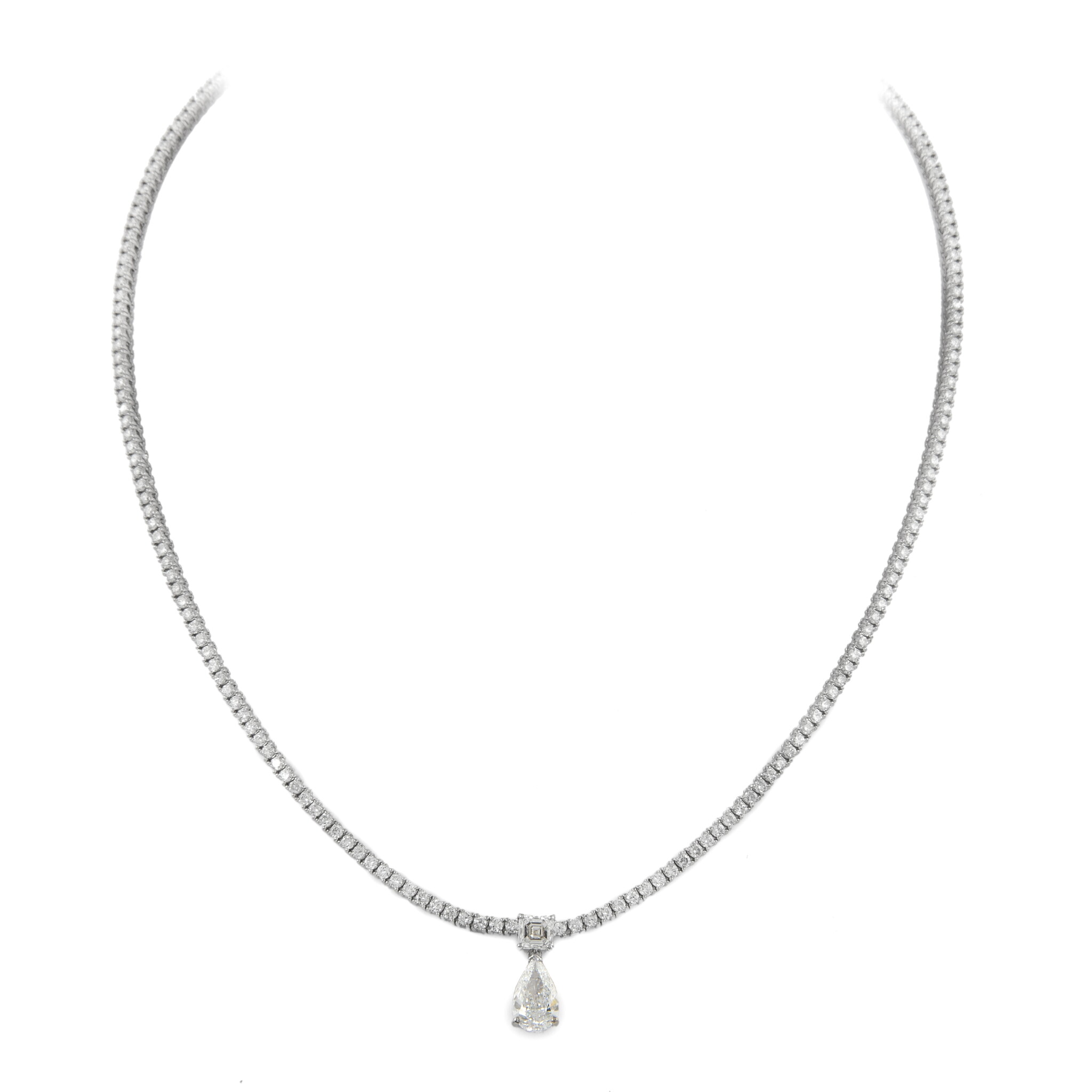 White Gold, 1.03ct Pear Shaped Diamond and Diamond Tennis Collar Necklace — view 1