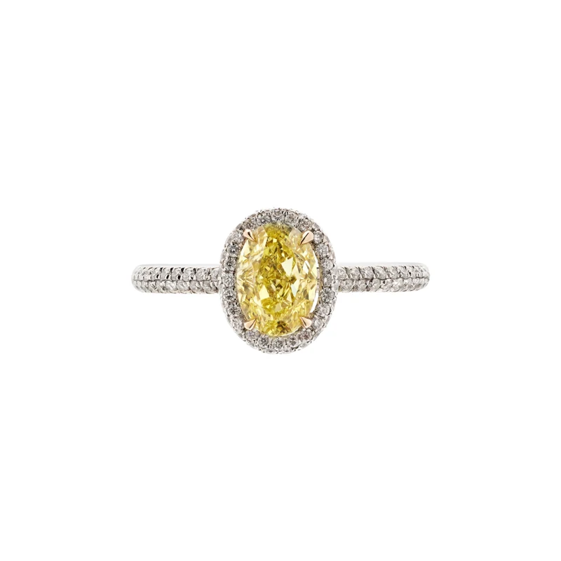 White Gold, 1.09ct Oval Shape Fancy Intense Yellow Diamond and Diamond Engagement Ring 