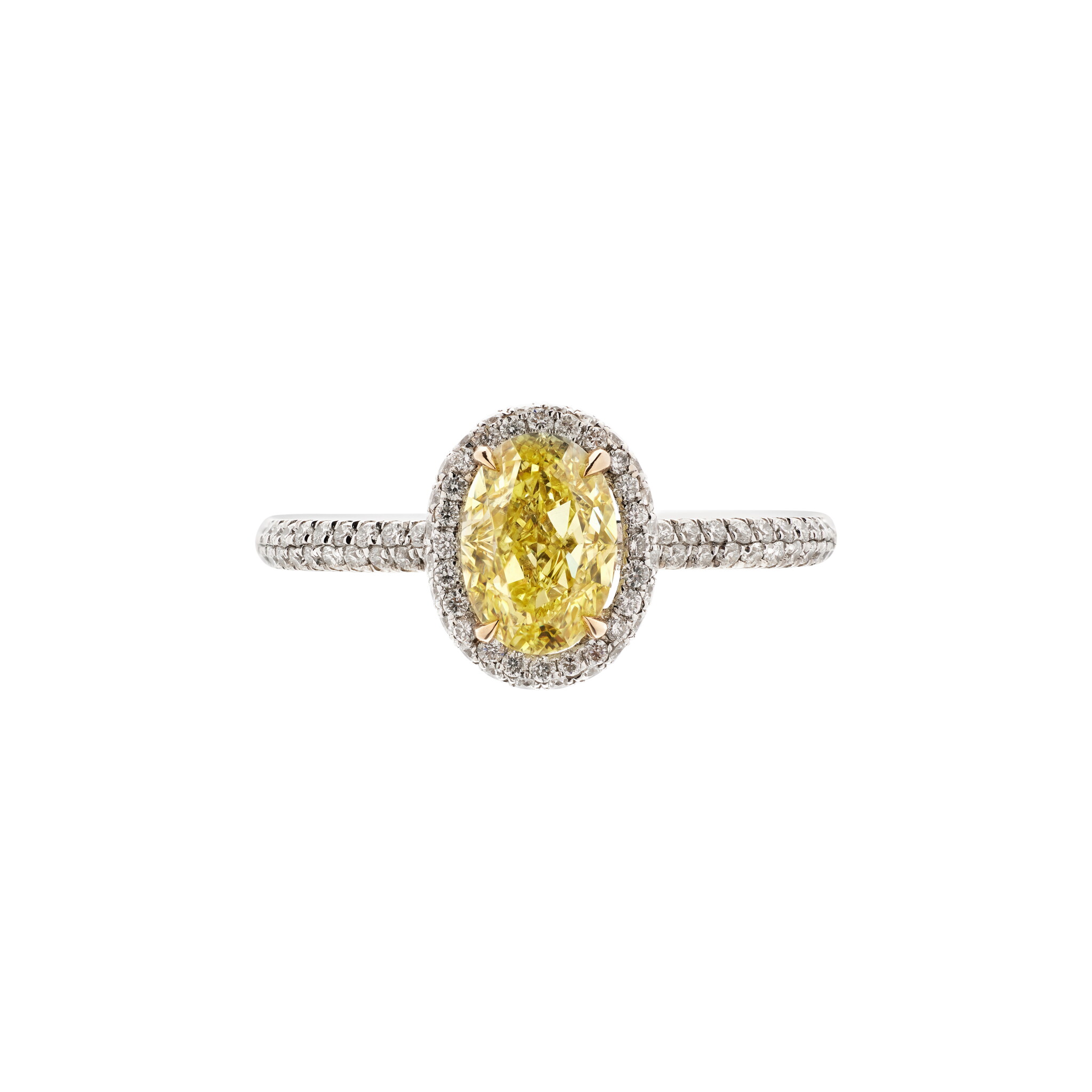 White Gold, 1.09ct Oval Shape Fancy Intense Yellow Diamond and Diamond Engagement Ring  — view 1
