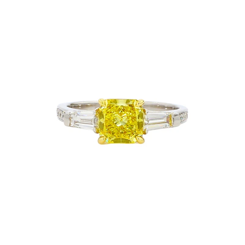 White Gold, 1.18ct Radiant Cut Fancy Vivid Yellow Diamond and Diamond Three Stone Engagement Ring