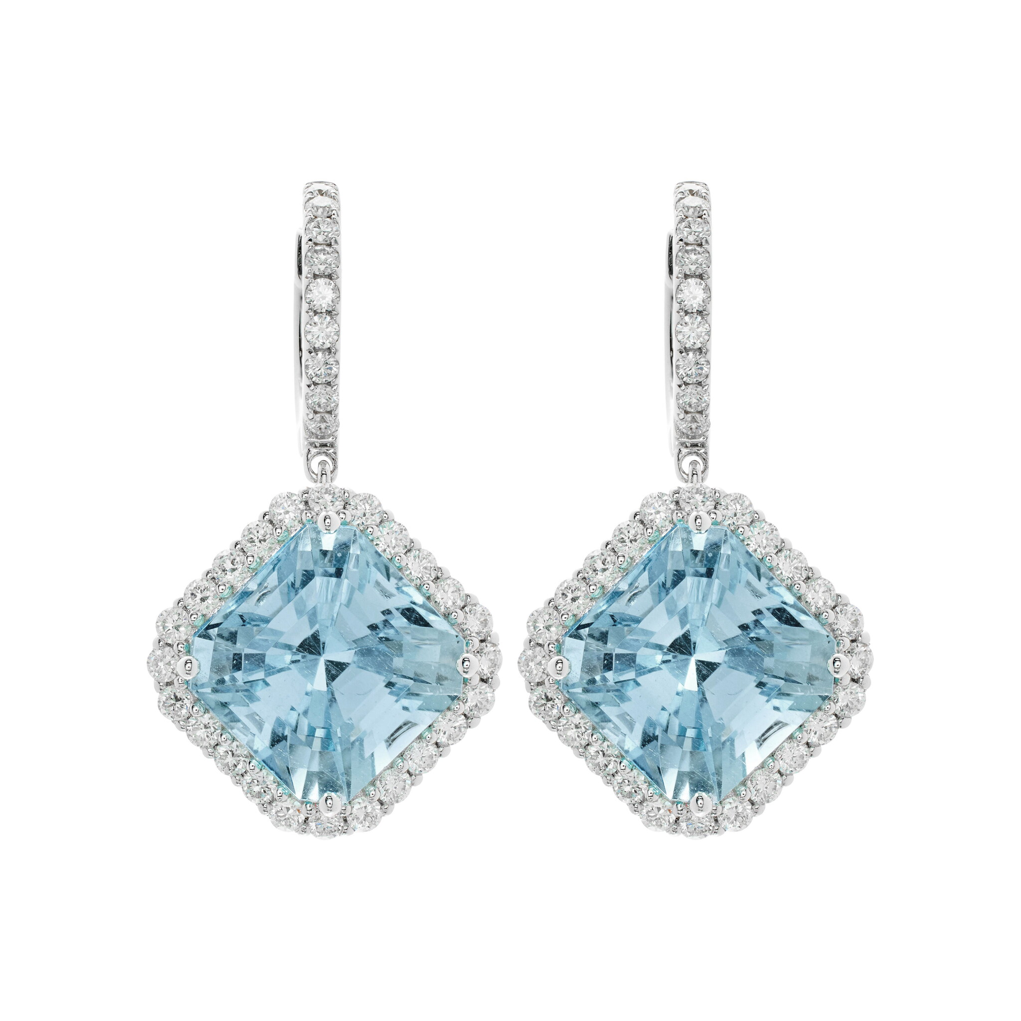 White Gold, 12.50ctw Aquamarine and Diamond Drop Earrings — view 1