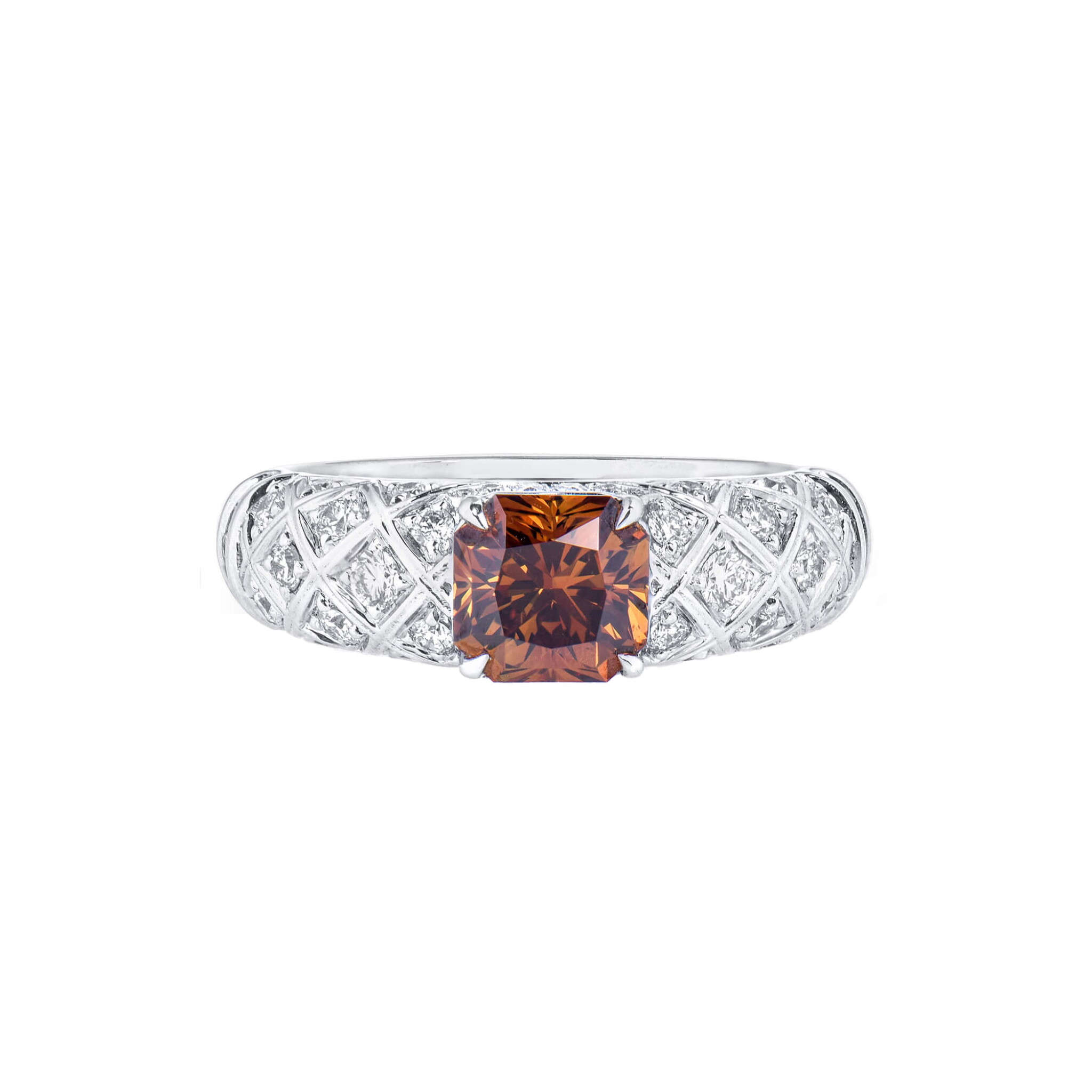 White Gold, 1.25ct Radiant Cut Fancy Deep Yellowish Orange Diamond and Diamond Ring — view 1