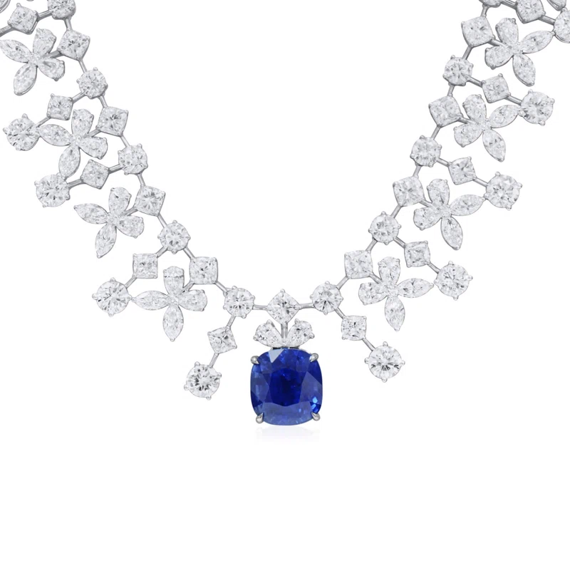 White Gold, 13.04ct Madagascar Royal Blue Sapphire and Diamond Necklace
