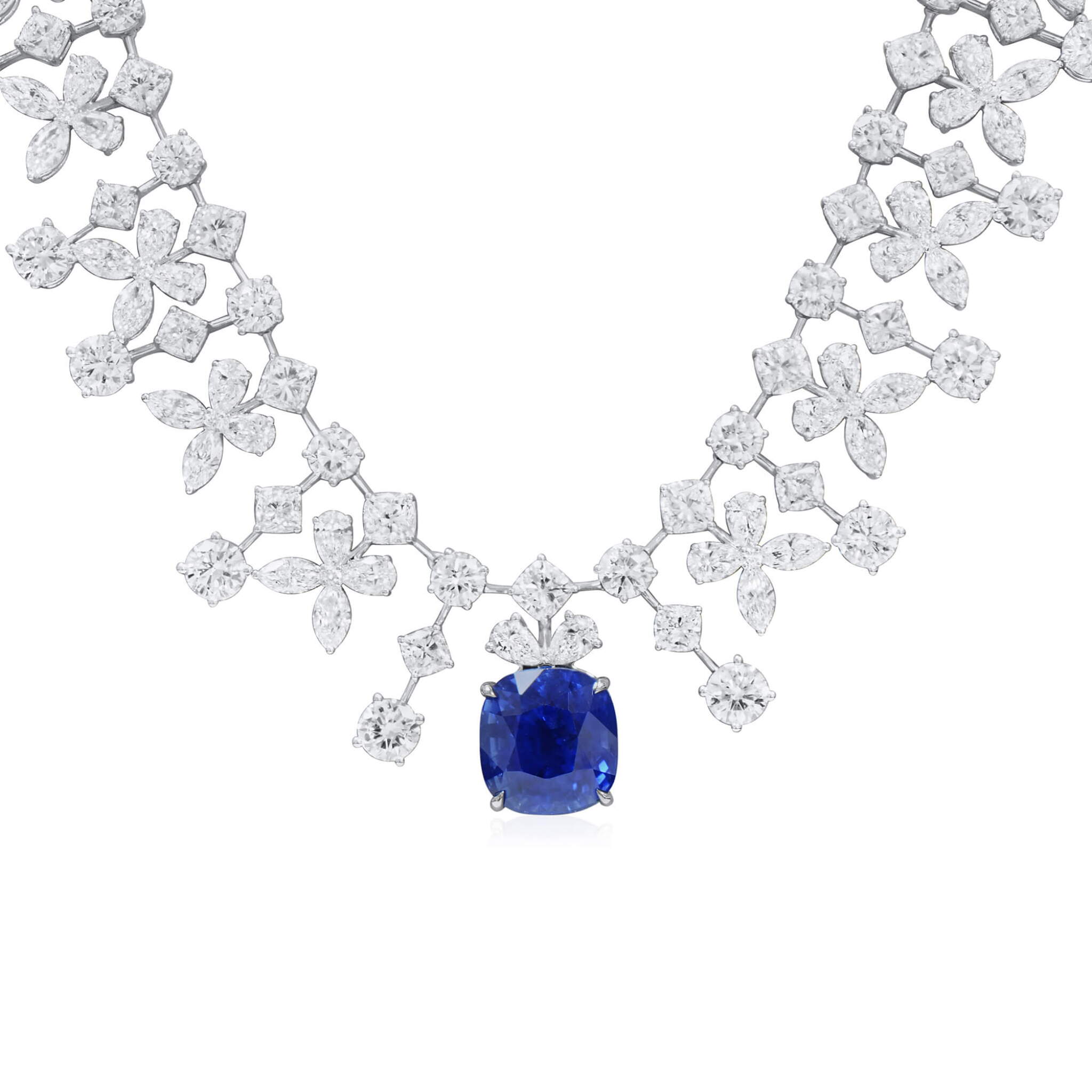 White Gold, 13.04ct Madagascar Royal Blue Sapphire and Diamond Necklace — view 1