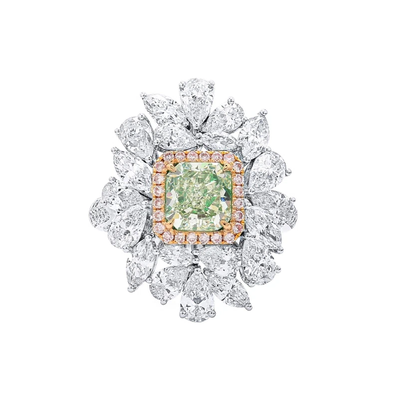 White Gold, 1.51ct Radiant Cut Fancy Yellow-Green Diamond, Pink Diamond and Diamond Ring