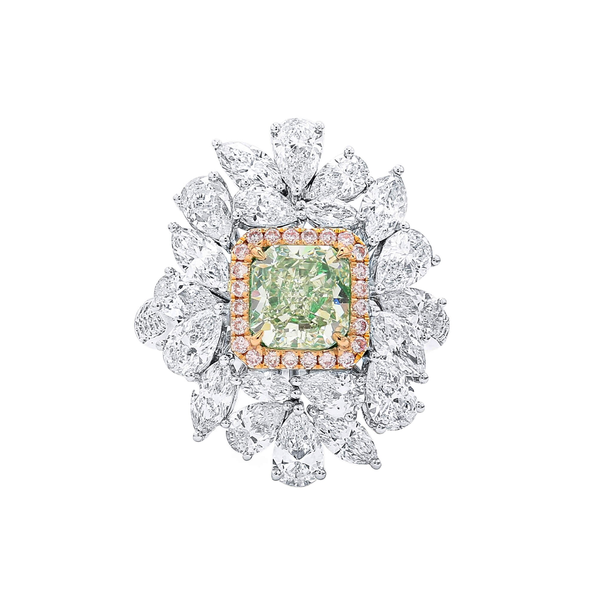 White Gold, 1.51ct Radiant Cut Fancy Yellow-Green Diamond, Pink Diamond and Diamond Ring  — view 1